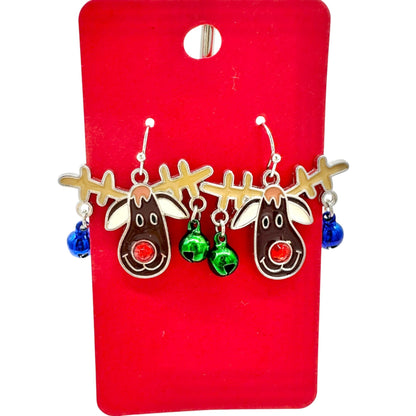 Christmas Reindeer Dangle Earrings with Jingle Bells Festive Holiday Jewelry