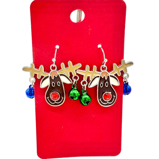 Christmas Reindeer Dangle Earrings with Jingle Bells Festive Holiday Jewelry