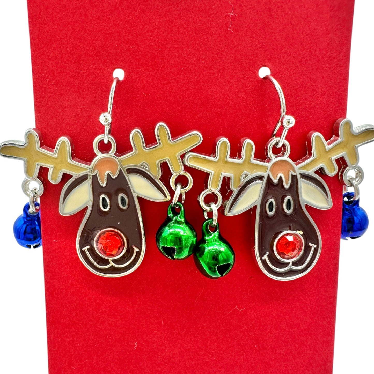Christmas Reindeer Dangle Earrings with Jingle Bells Festive Holiday Jewelry