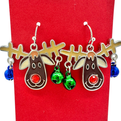Christmas Reindeer Dangle Earrings with Jingle Bells Festive Holiday Jewelry