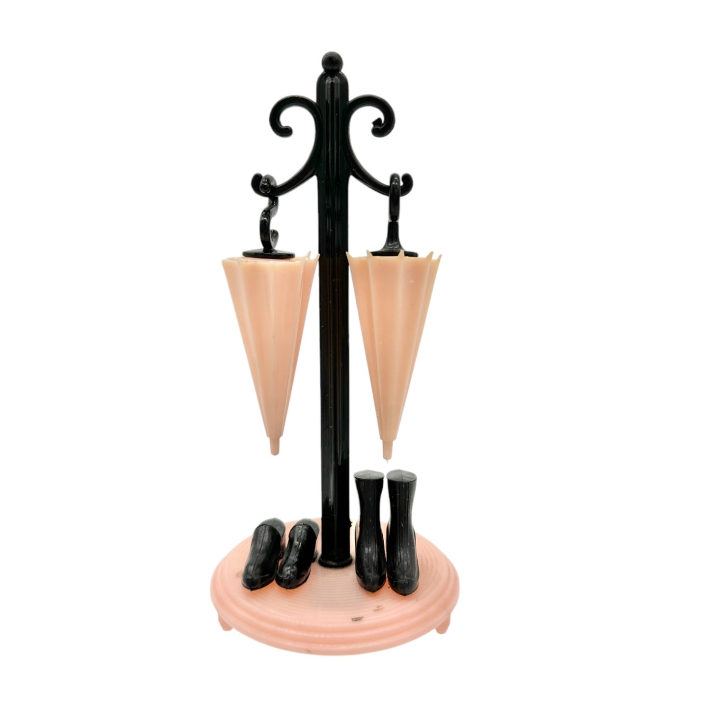 Vintage Novelty Umbrella Salt Pepper Shakers Stand Rain Boots Pink Black Plastic