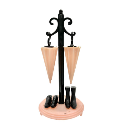 Vintage Novelty Umbrella Salt Pepper Shakers Stand Rain Boots Pink Black Plastic