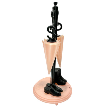 Vintage Novelty Umbrella Salt Pepper Shakers Stand Rain Boots Pink Black Plastic