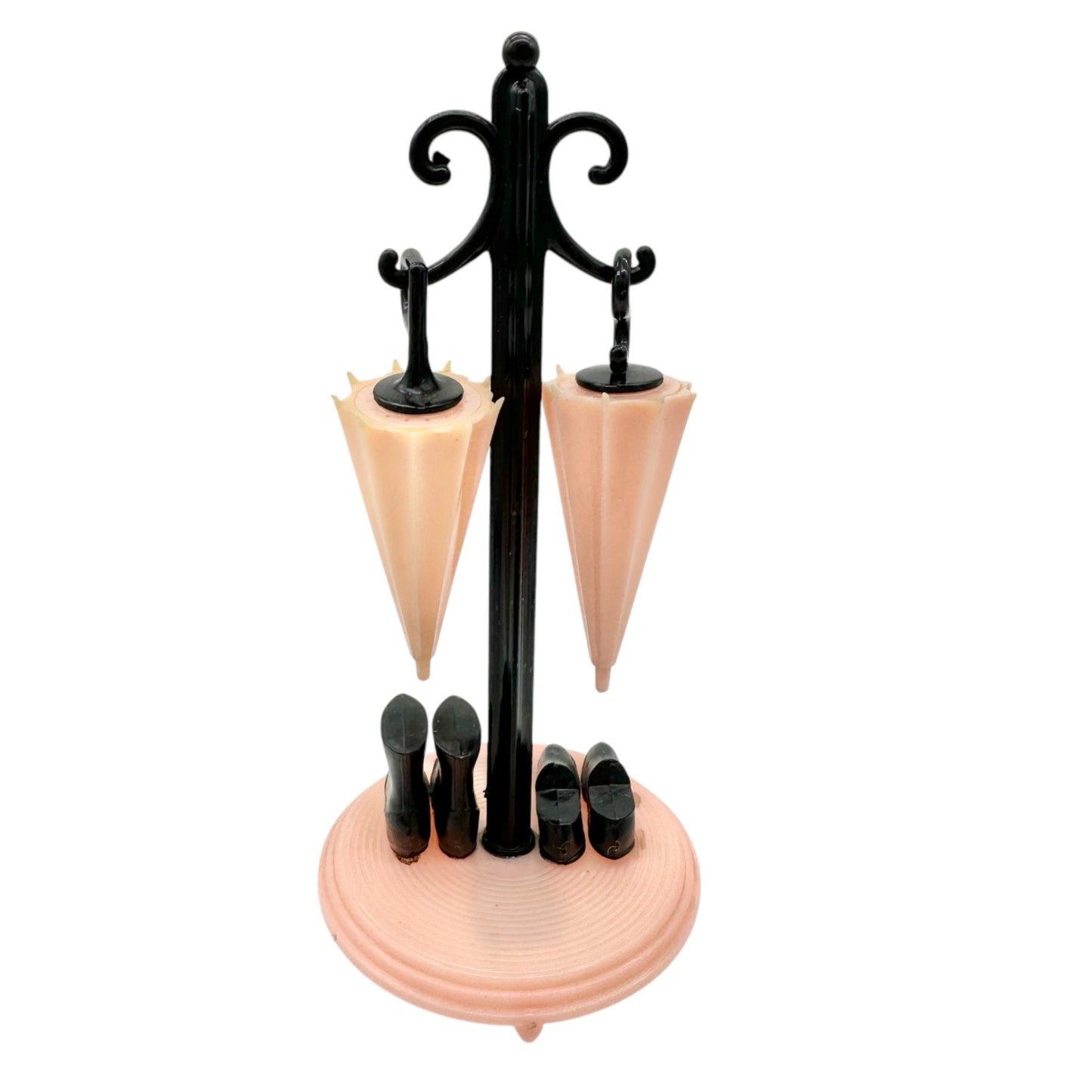 Vintage Novelty Umbrella Salt Pepper Shakers Stand Rain Boots Pink Black Plastic