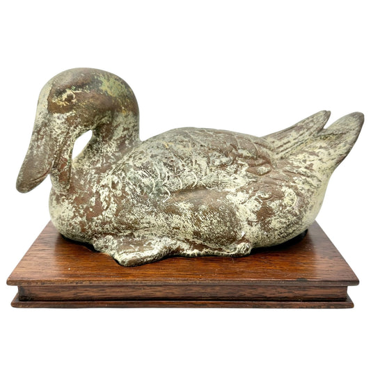 Vintage Heavy Cast Iron Duck with Patina Finish on Wood Base