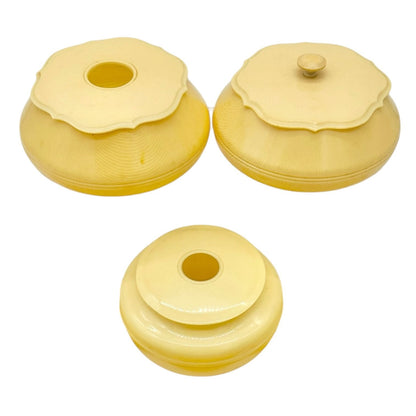 Vintage Celluloid Vanity Set Circa 1920s-30s Yellow with 3 Lidded Jars 3 Trays