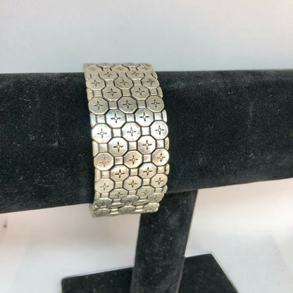 Vintage Silver Tone Stretch Bracelet Geometric Pattern 7 inch Long Unique Design
