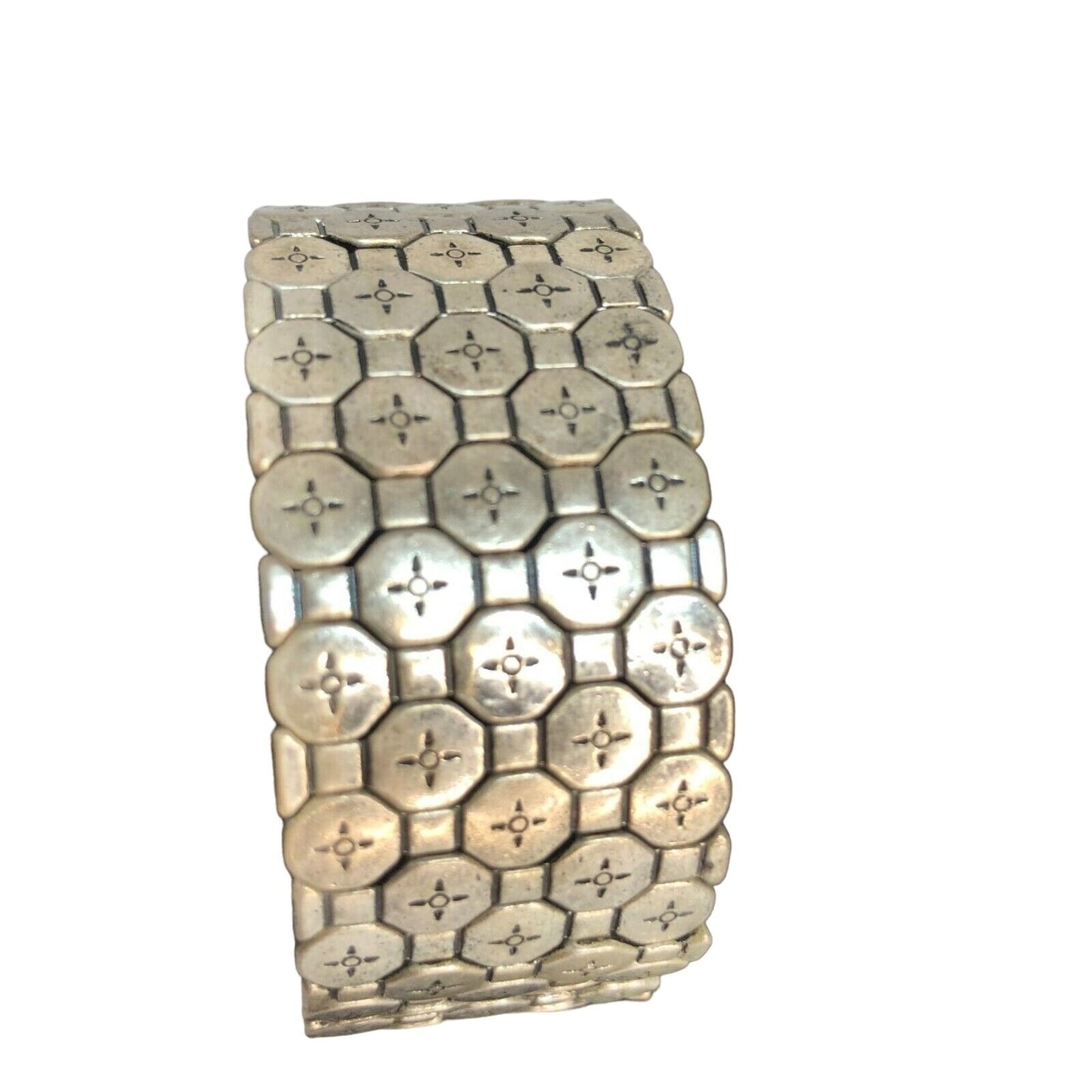 Vintage Silver Tone Stretch Bracelet Geometric Pattern 7 inch Long Unique Design
