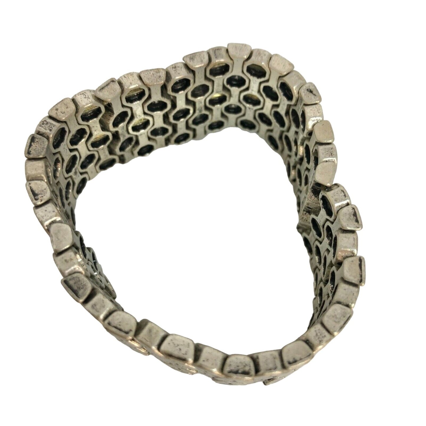 Vintage Silver Tone Stretch Bracelet Geometric Pattern 7 inch Long Unique Design