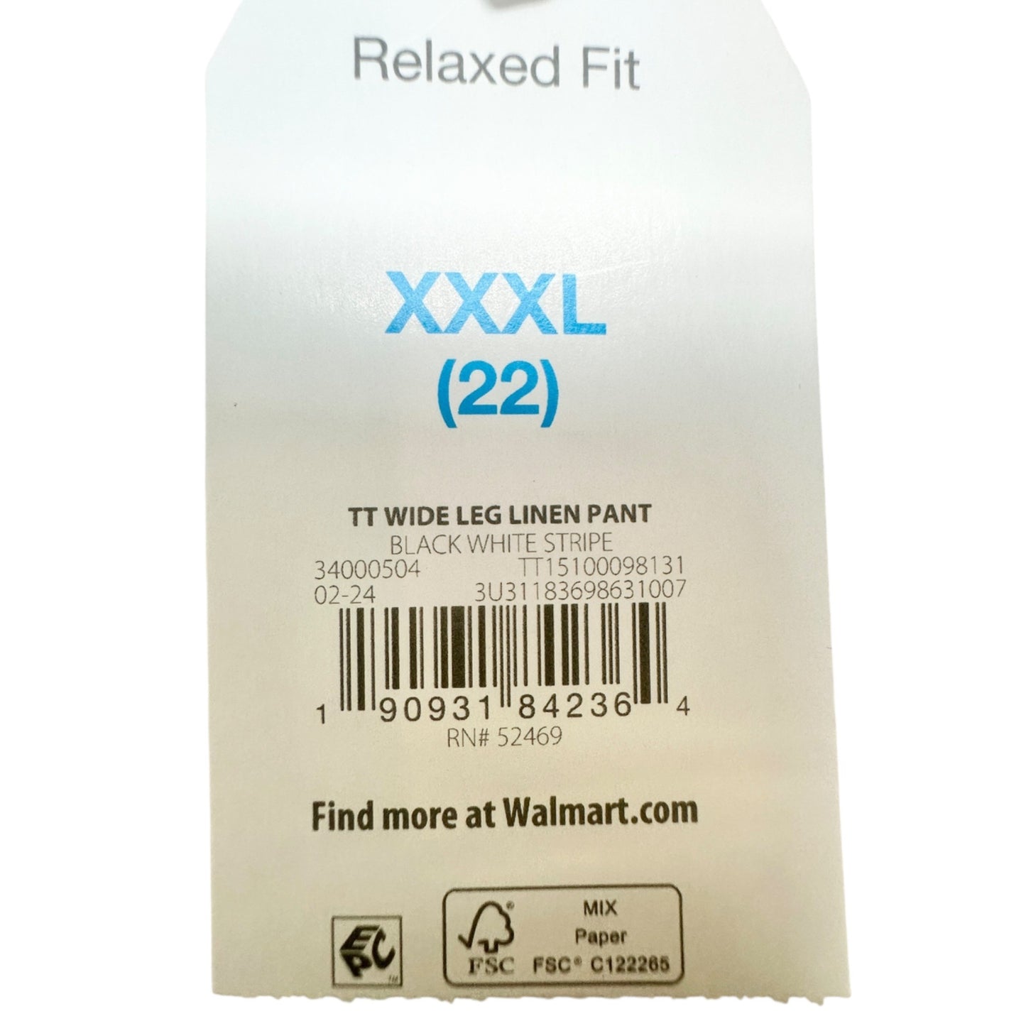 Time And Tru Linen Pants Womens XXXL 22 Black White Striped Wide Leg Relaxed Fit