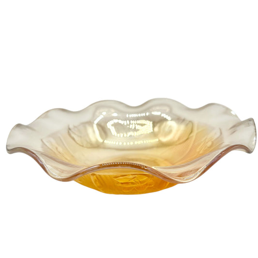 Jeannette Iris & Herringbone Marigold Bowl 9.5 inch Carnival Glass Wavy Edge