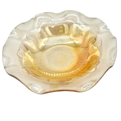 Jeannette Iris & Herringbone Marigold Bowl 9.5 inch Carnival Glass Wavy Edge