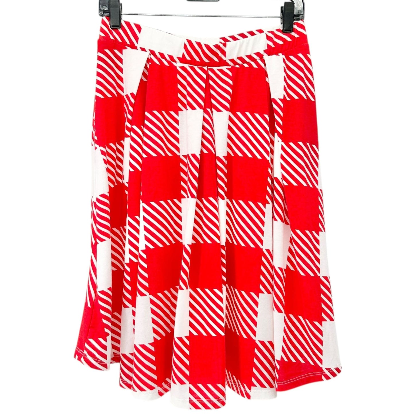 LuLaRoe A-Line Pleated Skirt Womens L Red White Checkered Soft Stretch USA Made