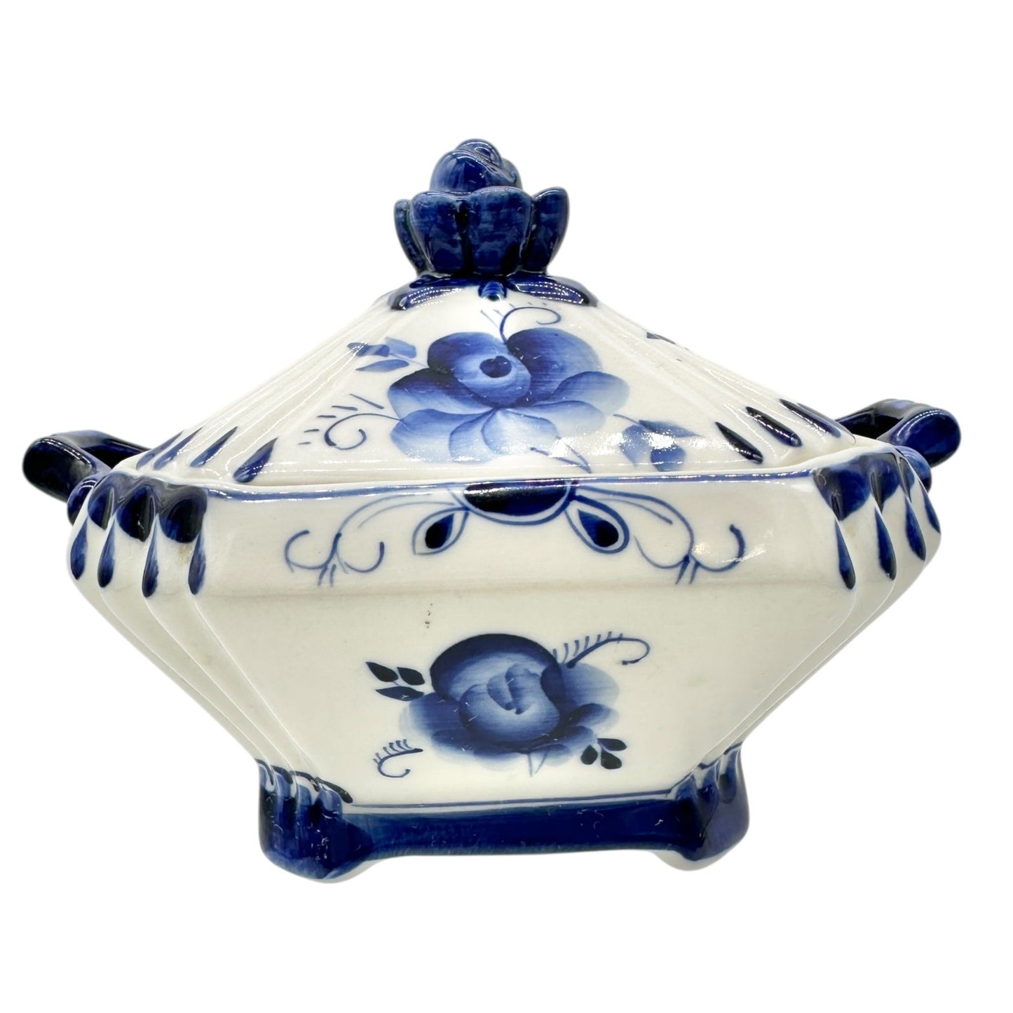 Handmade in Russia Gzhel Porcelain Covered Bowl With Lid Blue Floral Design