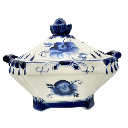 Handmade in Russia Gzhel Porcelain Covered Bowl With Lid Blue Floral Design