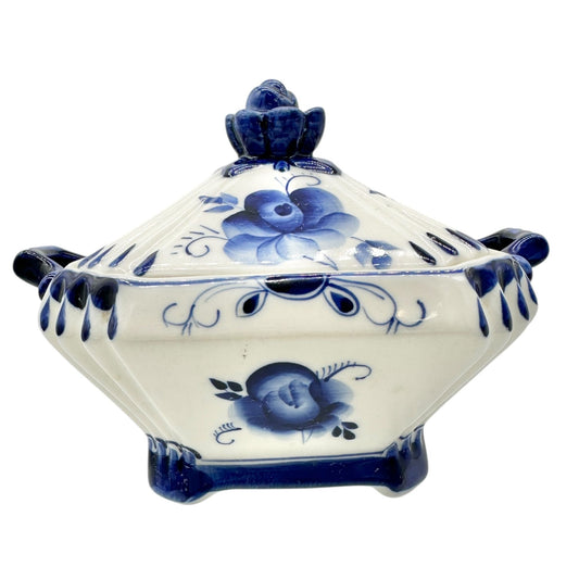 Handmade in Russia Gzhel Porcelain Covered Bowl With Lid Blue Floral Design