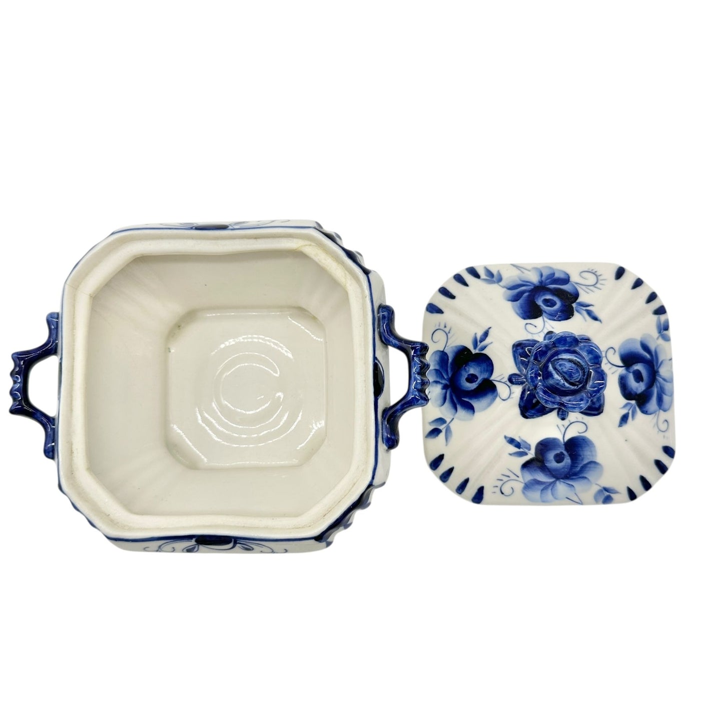 Handmade in Russia Gzhel Porcelain Covered Bowl With Lid Blue Floral Design