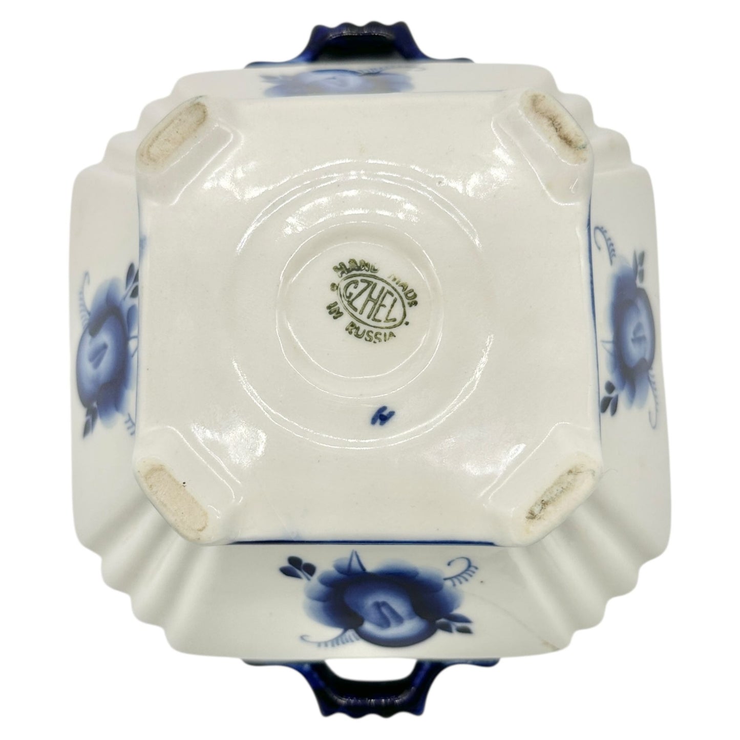 Handmade in Russia Gzhel Porcelain Covered Bowl With Lid Blue Floral Design
