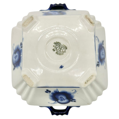 Handmade in Russia Gzhel Porcelain Covered Bowl With Lid Blue Floral Design