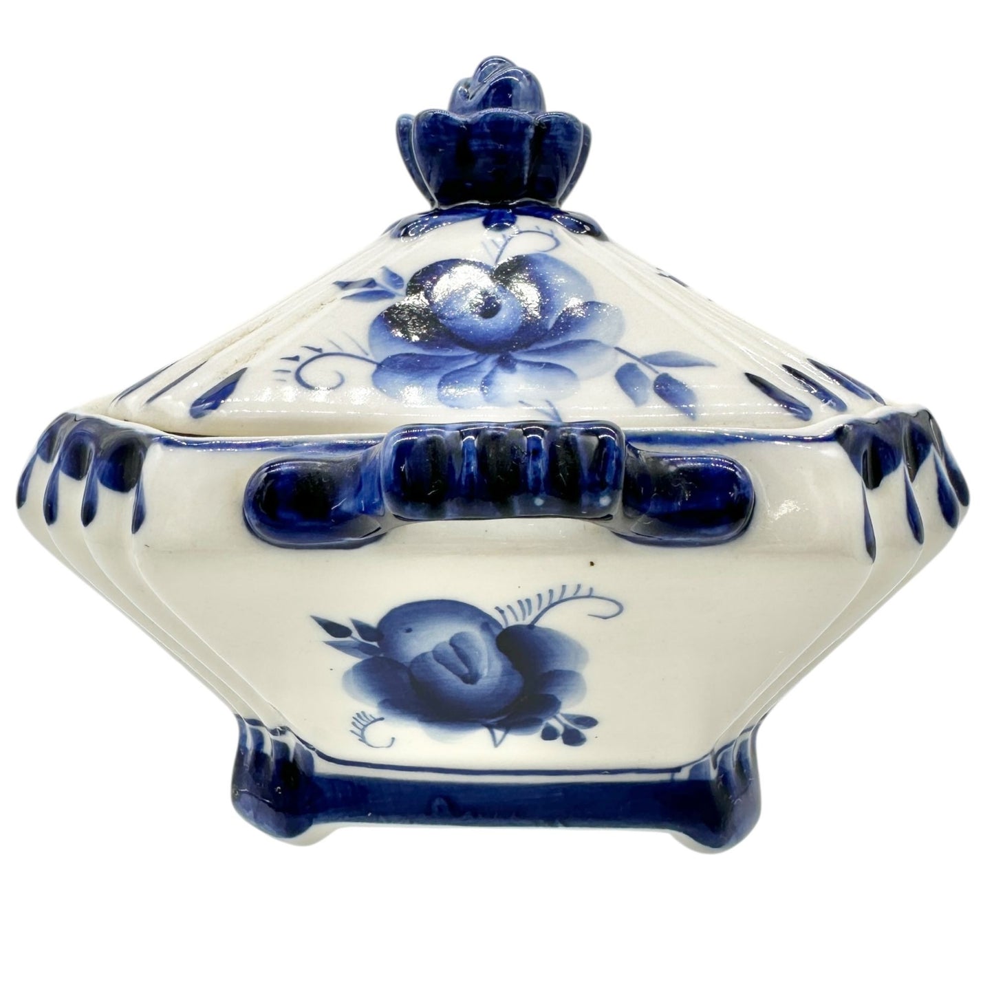 Handmade in Russia Gzhel Porcelain Covered Bowl With Lid Blue Floral Design