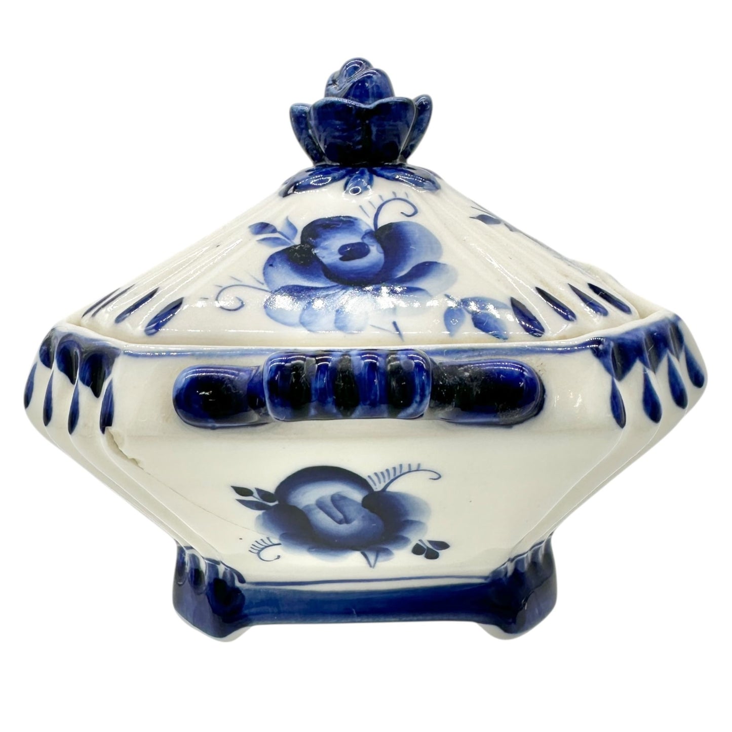 Handmade in Russia Gzhel Porcelain Covered Bowl With Lid Blue Floral Design