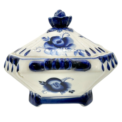 Handmade in Russia Gzhel Porcelain Covered Bowl With Lid Blue Floral Design
