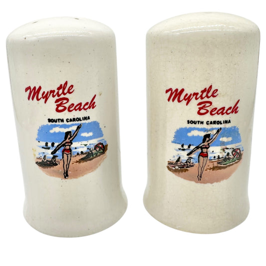 Myrtle Beach SC Ceramic Salt and Pepper Shakers Souvenir Set White 3 inches Tall