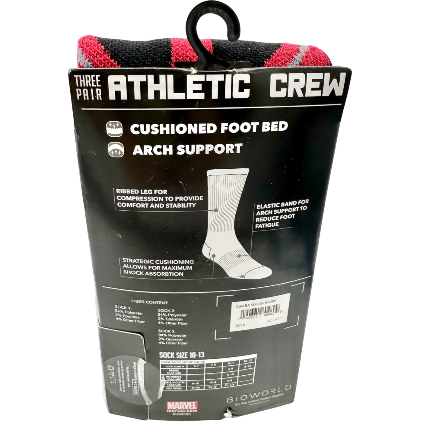 Marvel Deadpool Crew Socks 3-Pack Mens Size 10-13 Athletic Fit Cushioned Footbed