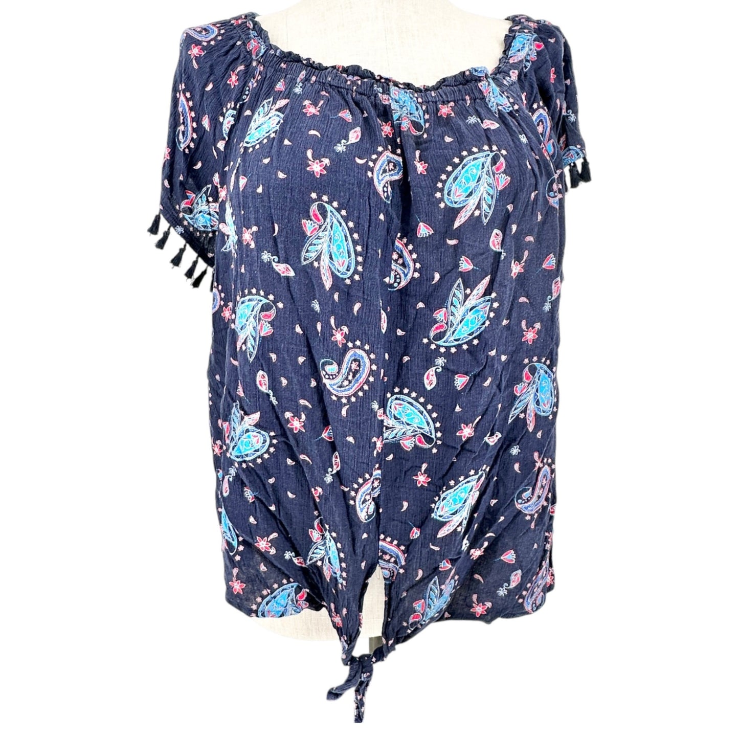 Westport Top Womens 2X Navy Blue Paisley Print With Tassel Sleeves Tie Front