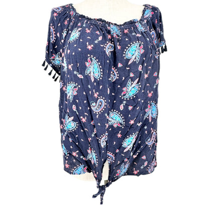 Westport Top Womens 2X Navy Blue Paisley Print With Tassel Sleeves Tie Front