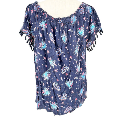 Westport Top Womens 2X Navy Blue Paisley Print With Tassel Sleeves Tie Front