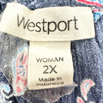 Westport Top Womens 2X Navy Blue Paisley Print With Tassel Sleeves Tie Front