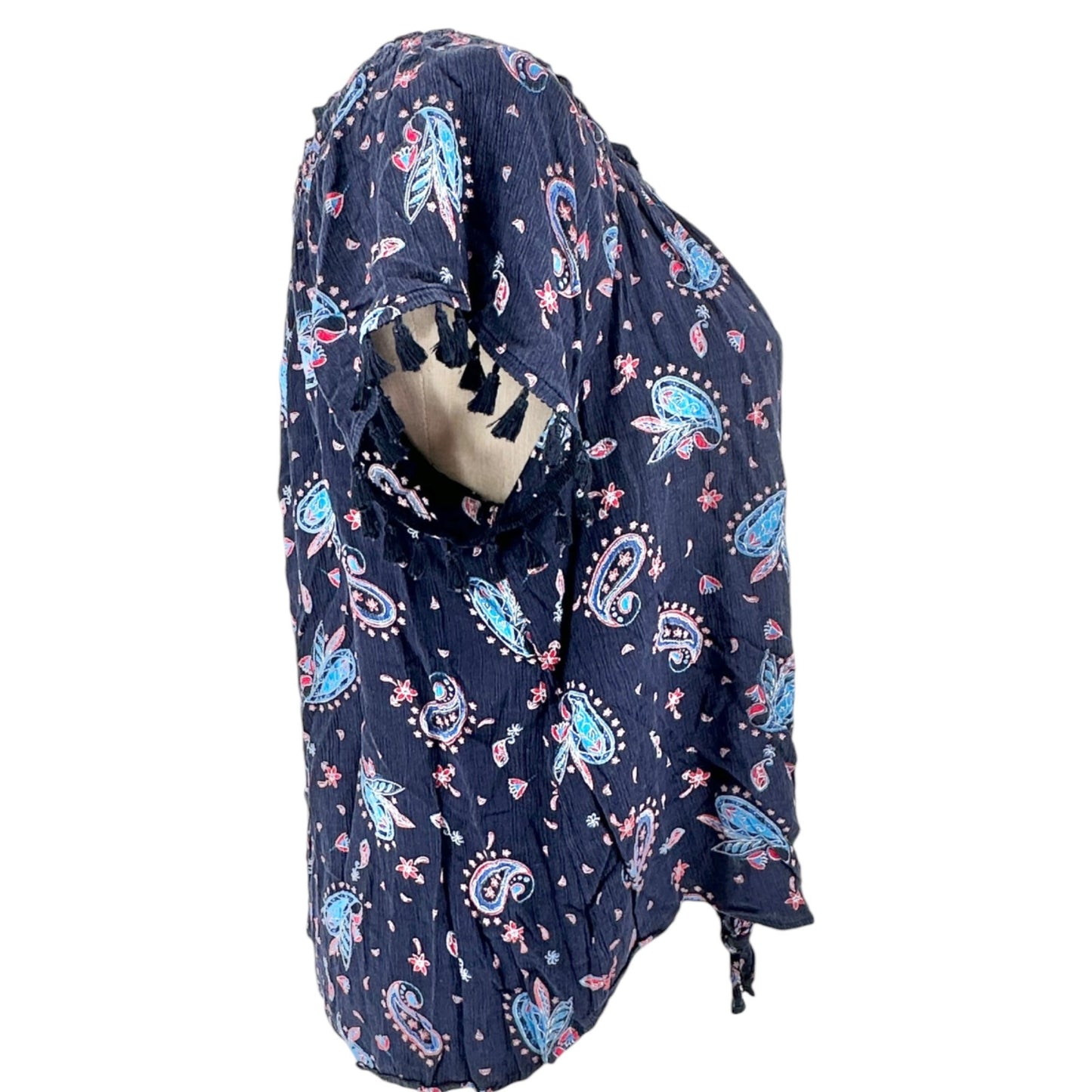 Westport Top Womens 2X Navy Blue Paisley Print With Tassel Sleeves Tie Front
