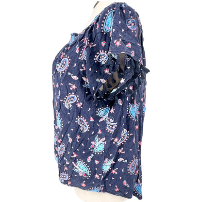 Westport Top Womens 2X Navy Blue Paisley Print With Tassel Sleeves Tie Front