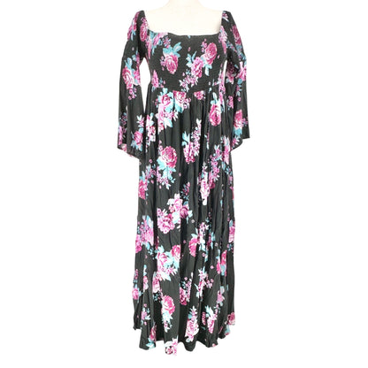 Torrid Maxi Dress 2X Floral Smocked Off Shoulder LS Black Pink Blue Floral Rayon