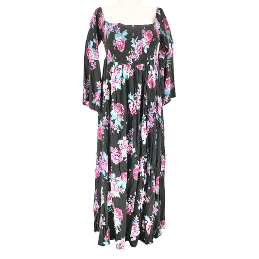 Torrid Maxi Dress 2X Floral Smocked Off Shoulder LS Black Pink Blue Floral Rayon