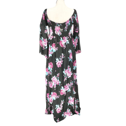 Torrid Maxi Dress 2X Floral Smocked Off Shoulder LS Black Pink Blue Floral Rayon