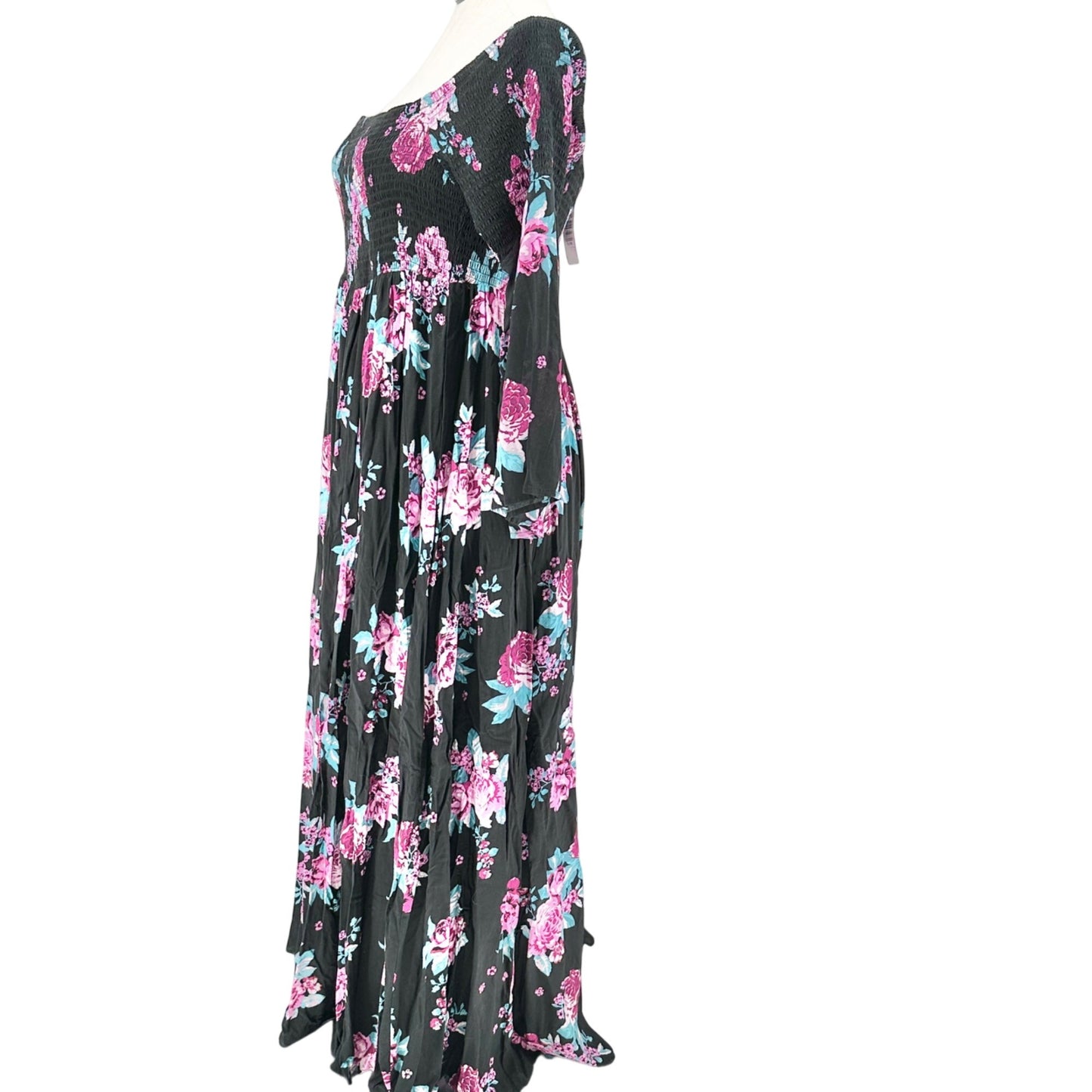 Torrid Maxi Dress 2X Floral Smocked Off Shoulder LS Black Pink Blue Floral Rayon