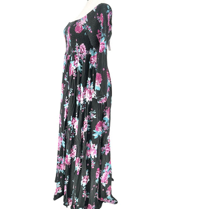 Torrid Maxi Dress 2X Floral Smocked Off Shoulder LS Black Pink Blue Floral Rayon