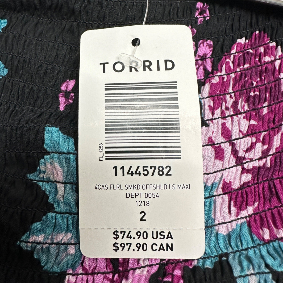 Torrid Maxi Dress 2X Floral Smocked Off Shoulder LS Black Pink Blue Floral Rayon