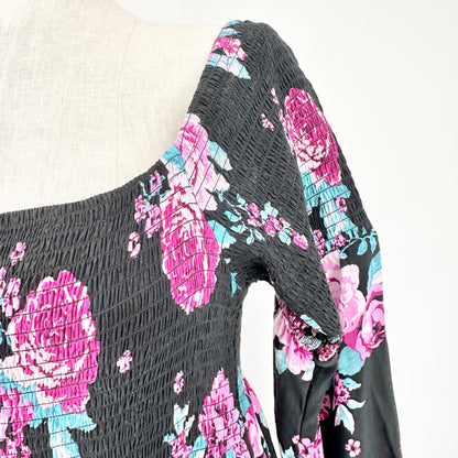 Torrid Maxi Dress 2X Floral Smocked Off Shoulder LS Black Pink Blue Floral Rayon