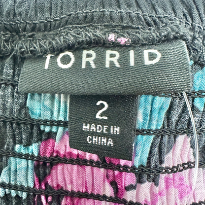 Torrid Maxi Dress 2X Floral Smocked Off Shoulder LS Black Pink Blue Floral Rayon