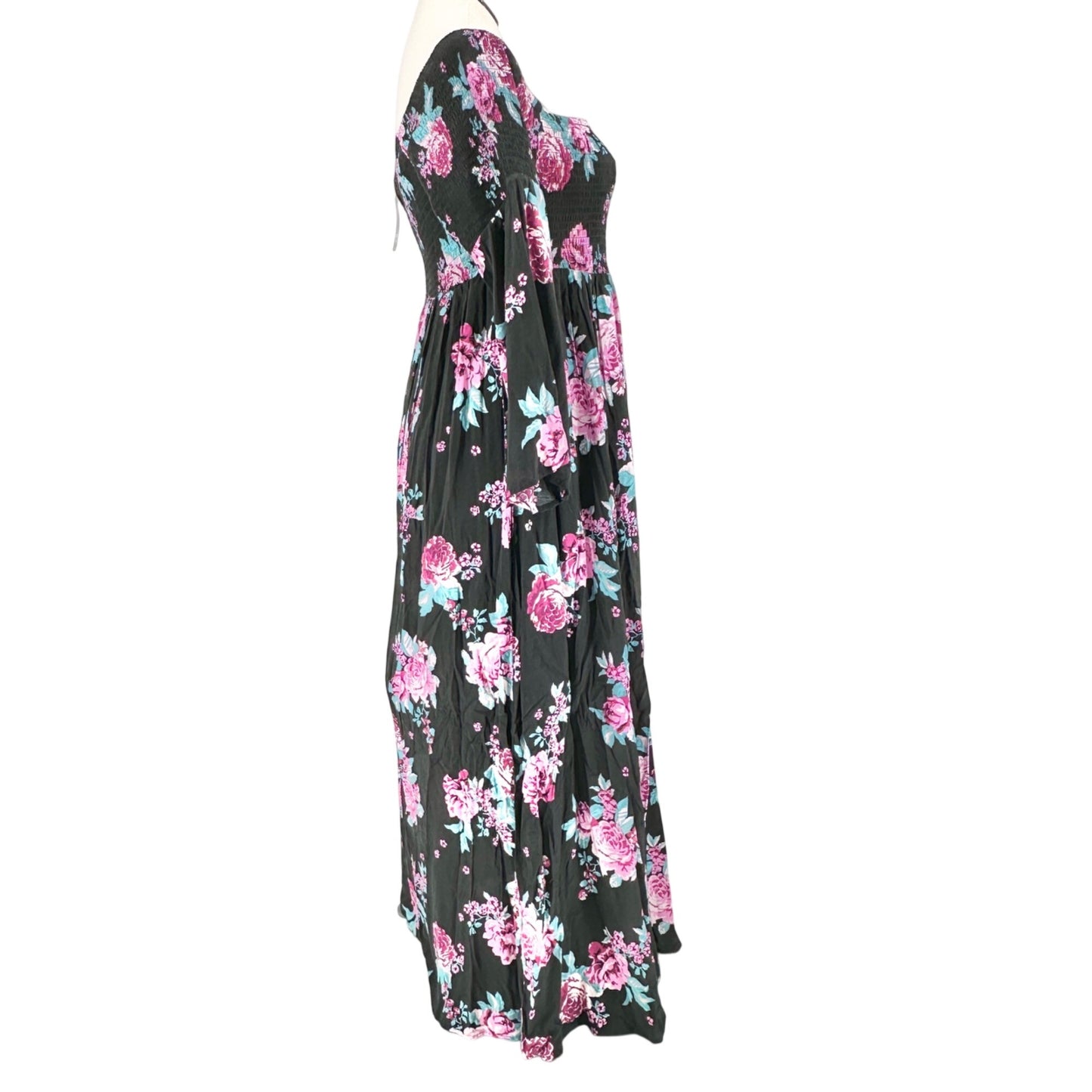 Torrid Maxi Dress 2X Floral Smocked Off Shoulder LS Black Pink Blue Floral Rayon