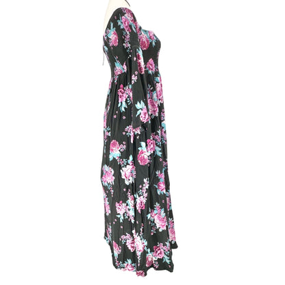 Torrid Maxi Dress 2X Floral Smocked Off Shoulder LS Black Pink Blue Floral Rayon