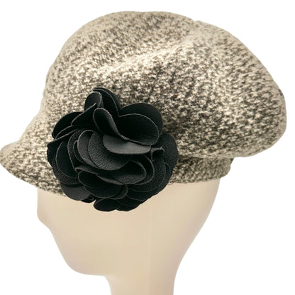 Tickled Pink Womens Tweed Newsboy Hat With Black Flower Accent Timeless Fashion