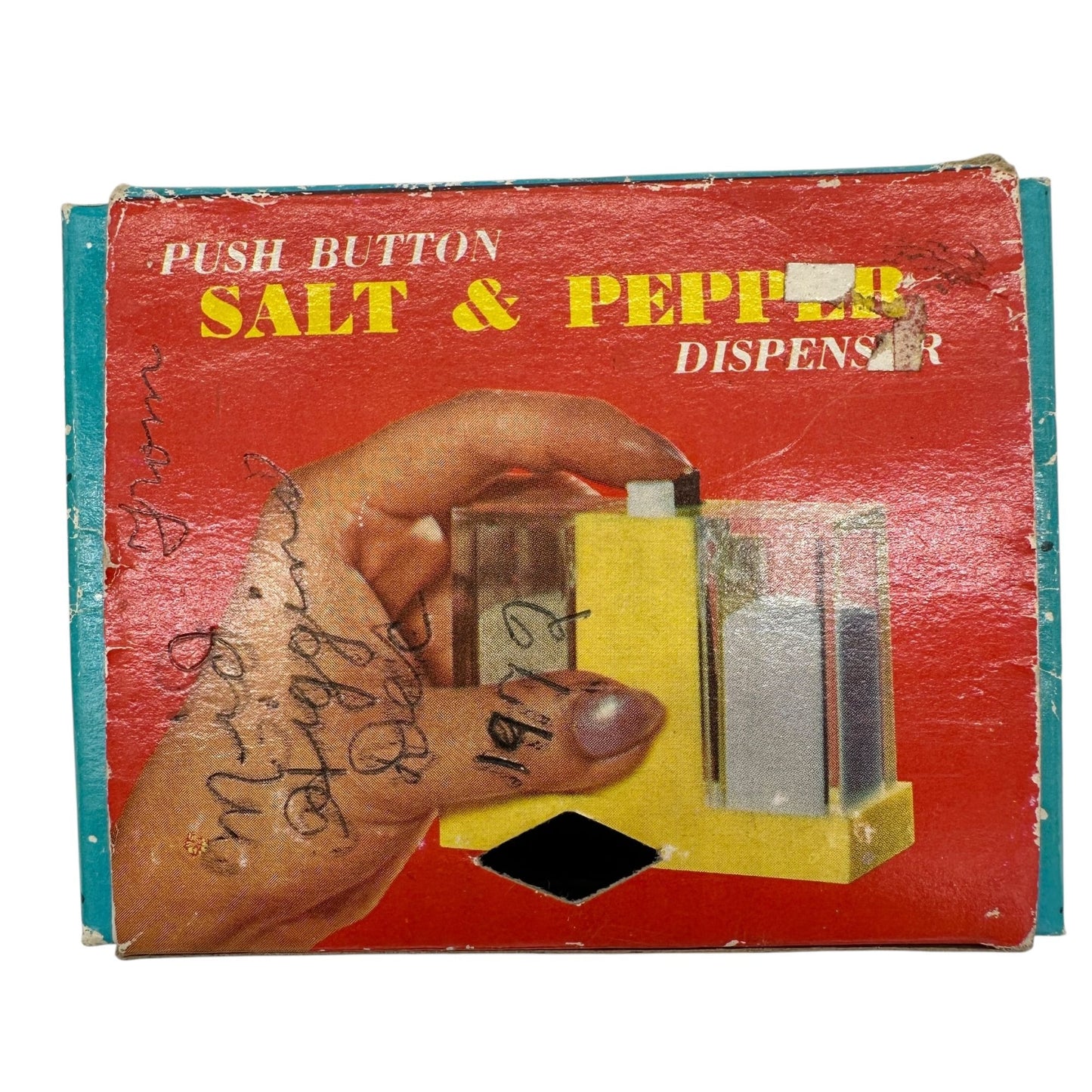 Vintage Myrtle Beach SC Push Button Salt Pepper Dispenser Yellow Plastic Boxed