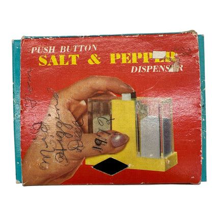 Vintage Myrtle Beach SC Push Button Salt Pepper Dispenser Yellow Plastic Boxed