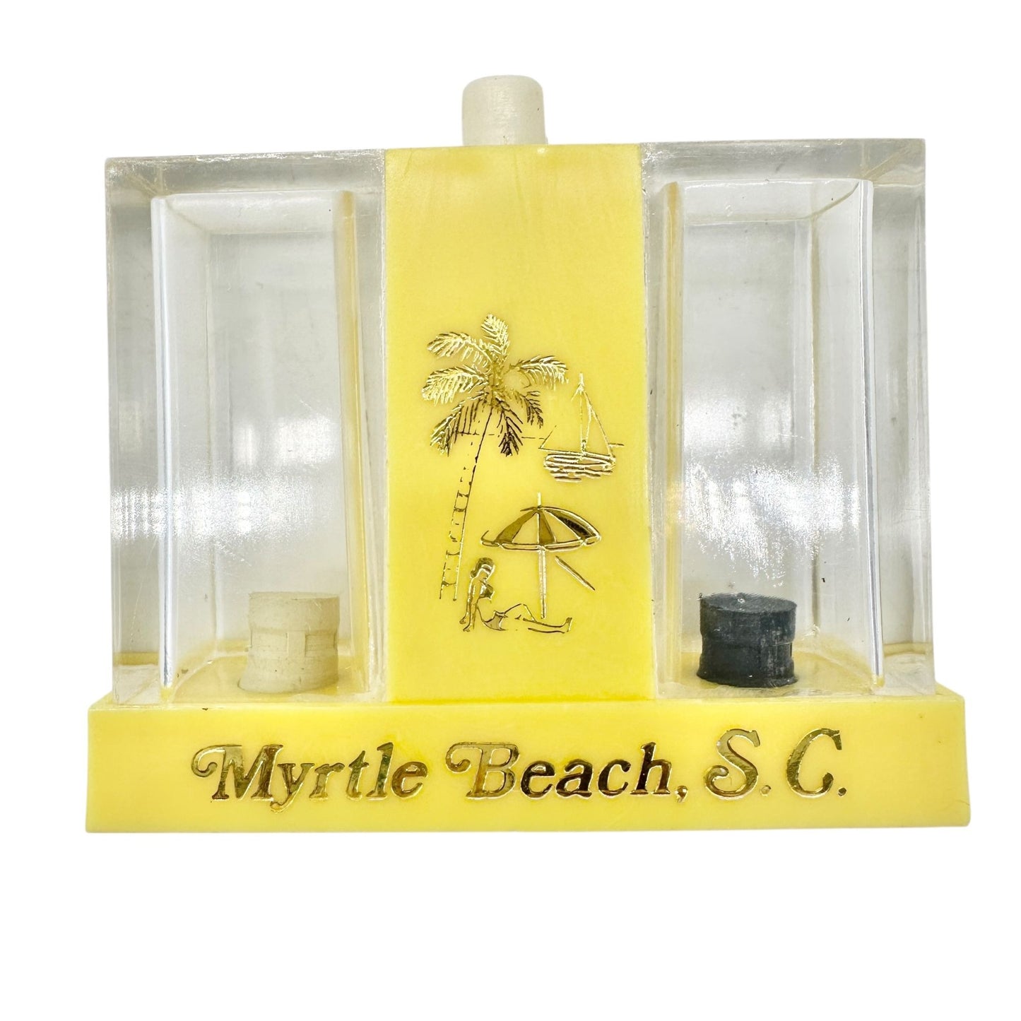 Vintage Myrtle Beach SC Push Button Salt Pepper Dispenser Yellow Plastic Boxed