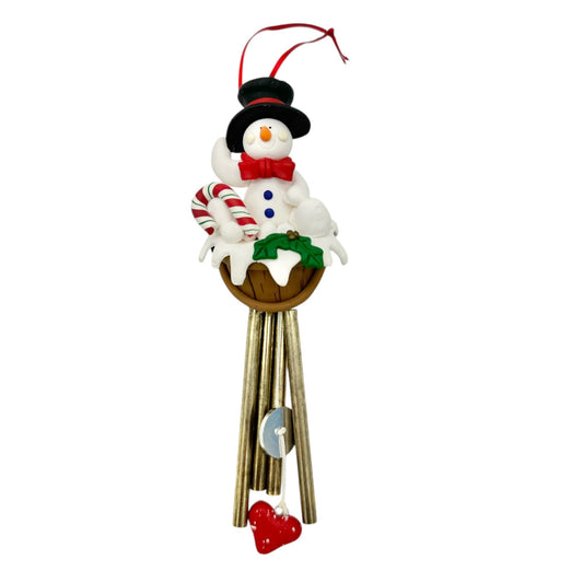 Snowman Christmas Wind Chime Ornament Red Ribbon Hanger Holiday Decoration