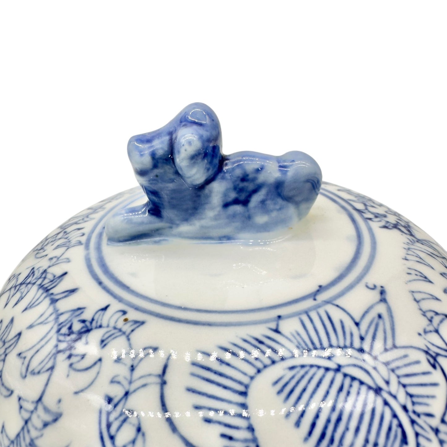 Vintage Ceramic Lidded Jar Blue White Floral Design and Animal Figurine Topper